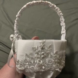 Flower Girl Basket; White with Silver Stitching